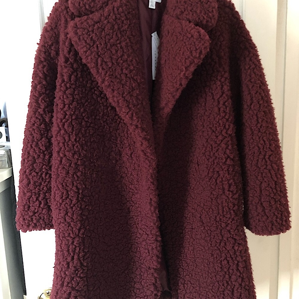NWT Topshop Fluffy Teddy Borg Coat in Burgundy